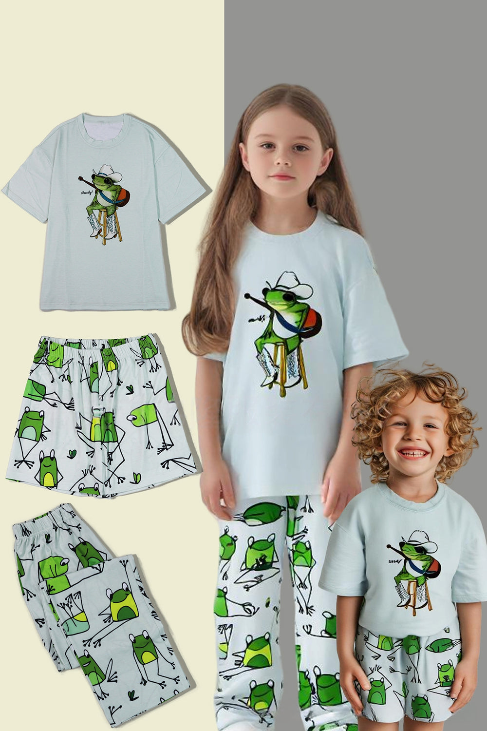 Light Green Cute Animal Print Short Sleeve Matching Family Pajamas