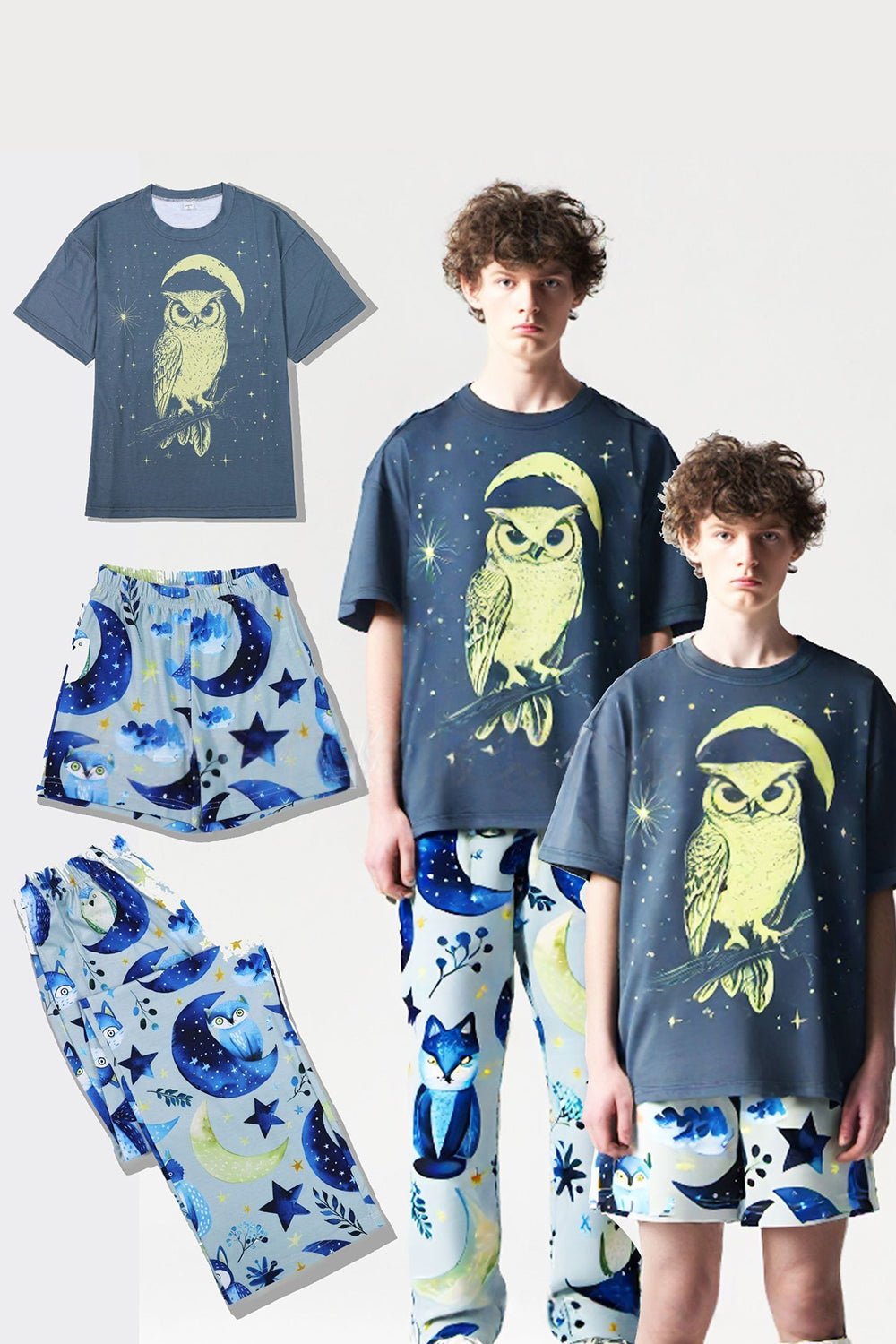 Grey Blue Printed Luminous Matching Family Pajamas