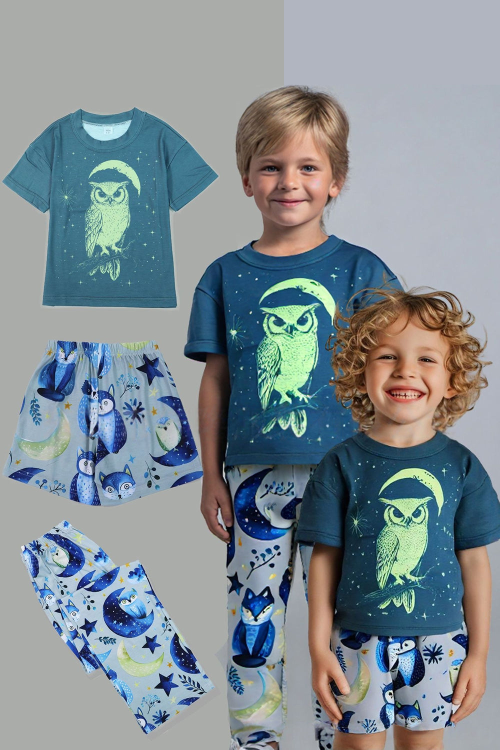 Grey Blue Printed Luminous Matching Family Pajamas