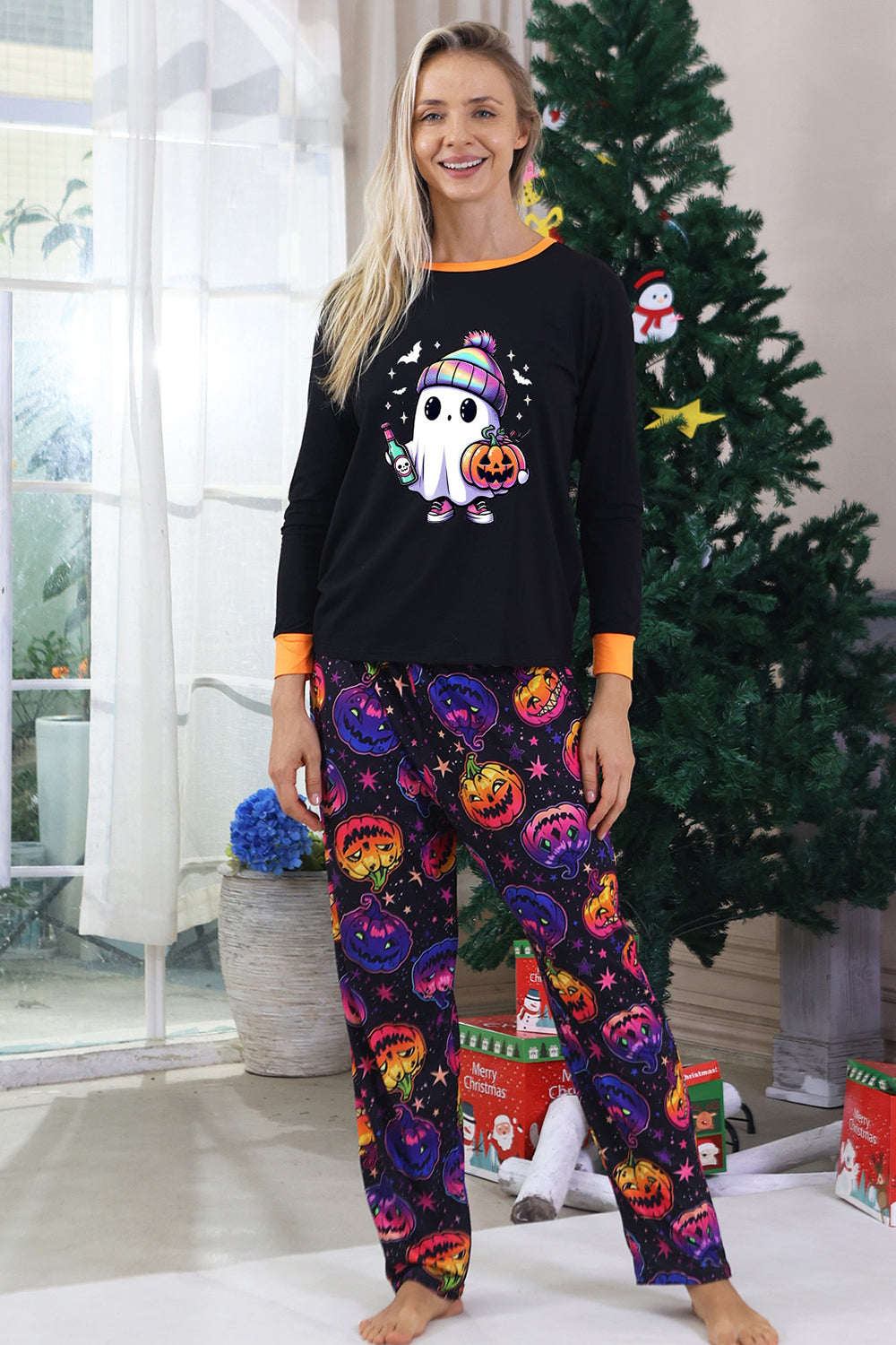 Black Printed Long Sleeve Family Halloween Pajamas