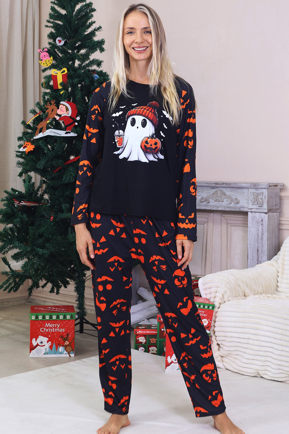 Navy Printed Long Sleeve Family Halloween Pajamas