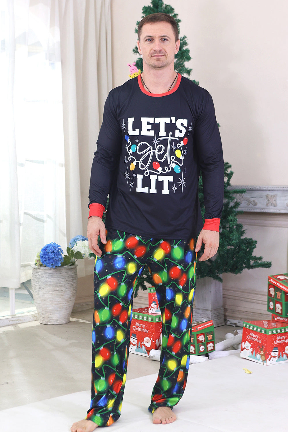 Navy Light Bulb Printed Long Sleeves Matching Family Pajamas