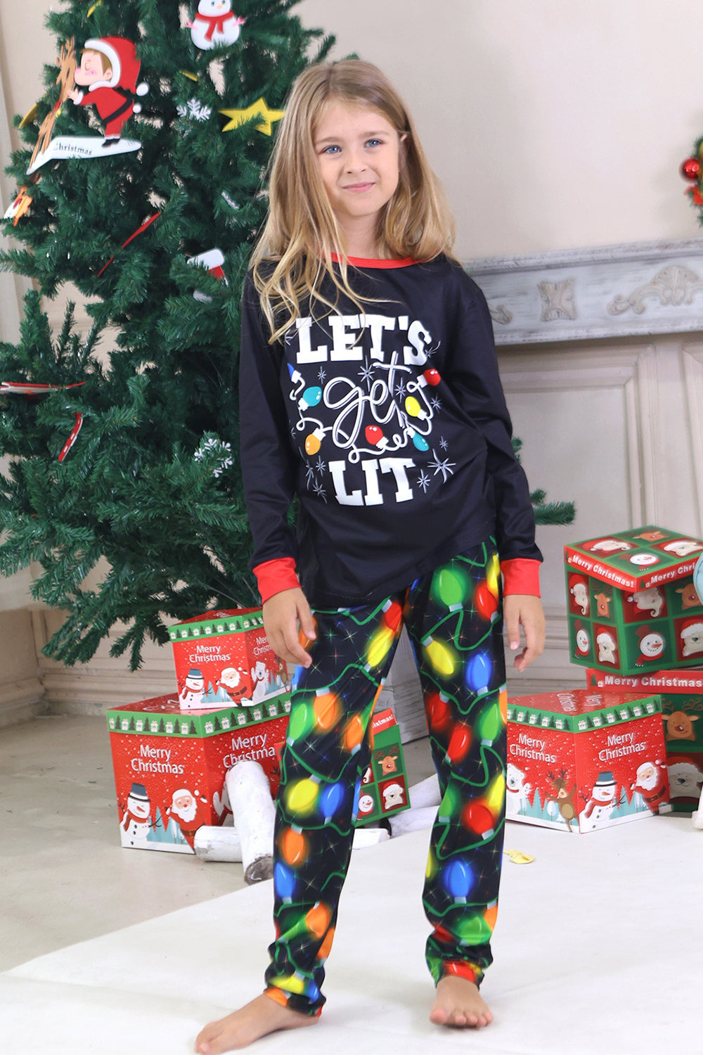 Navy Light Bulb Printed Long Sleeves Matching Family Pajamas