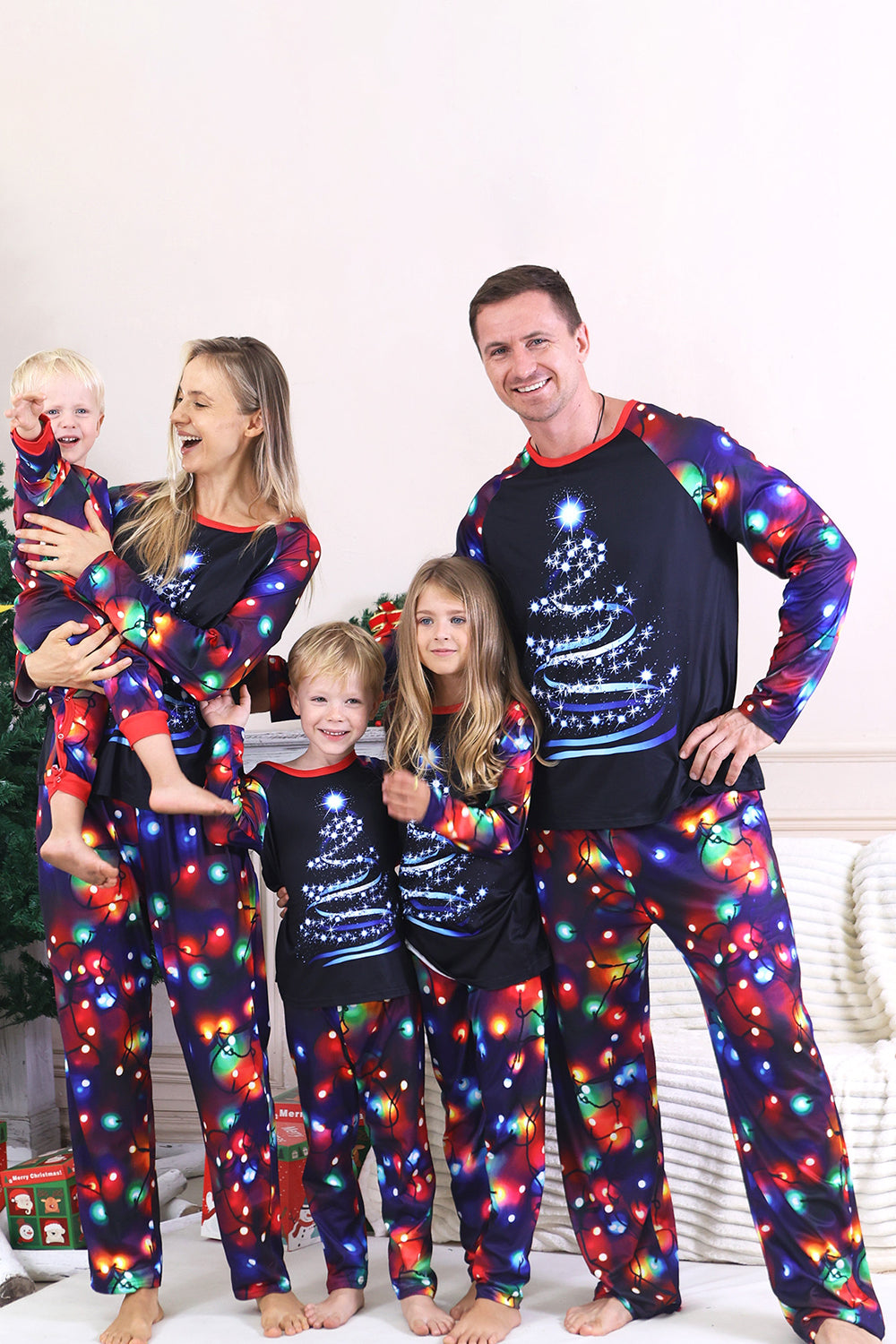 Navy Lights Tree Print Family Matching Christmas Pajamas Sets