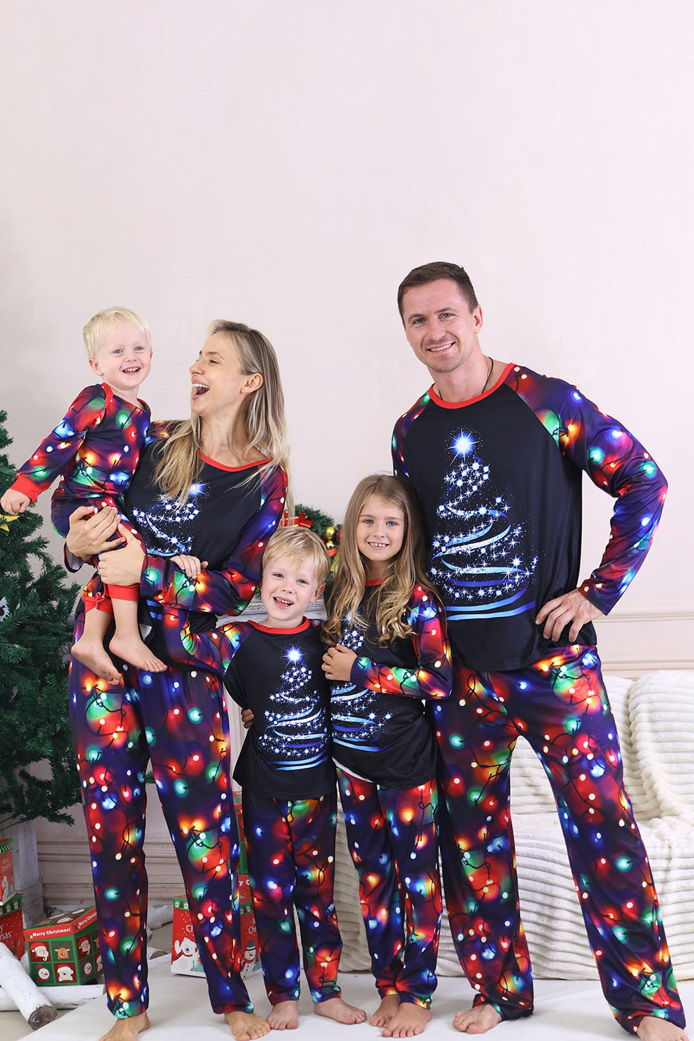 Navy Lights Tree Print Family Matching Christmas Pajamas Sets