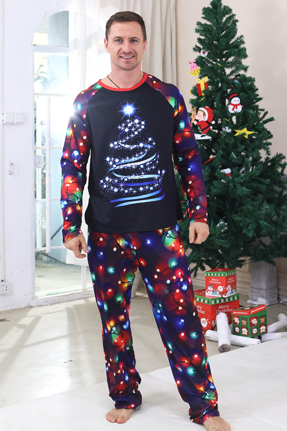 Navy Lights Tree Print Family Matching Christmas Pajamas Sets
