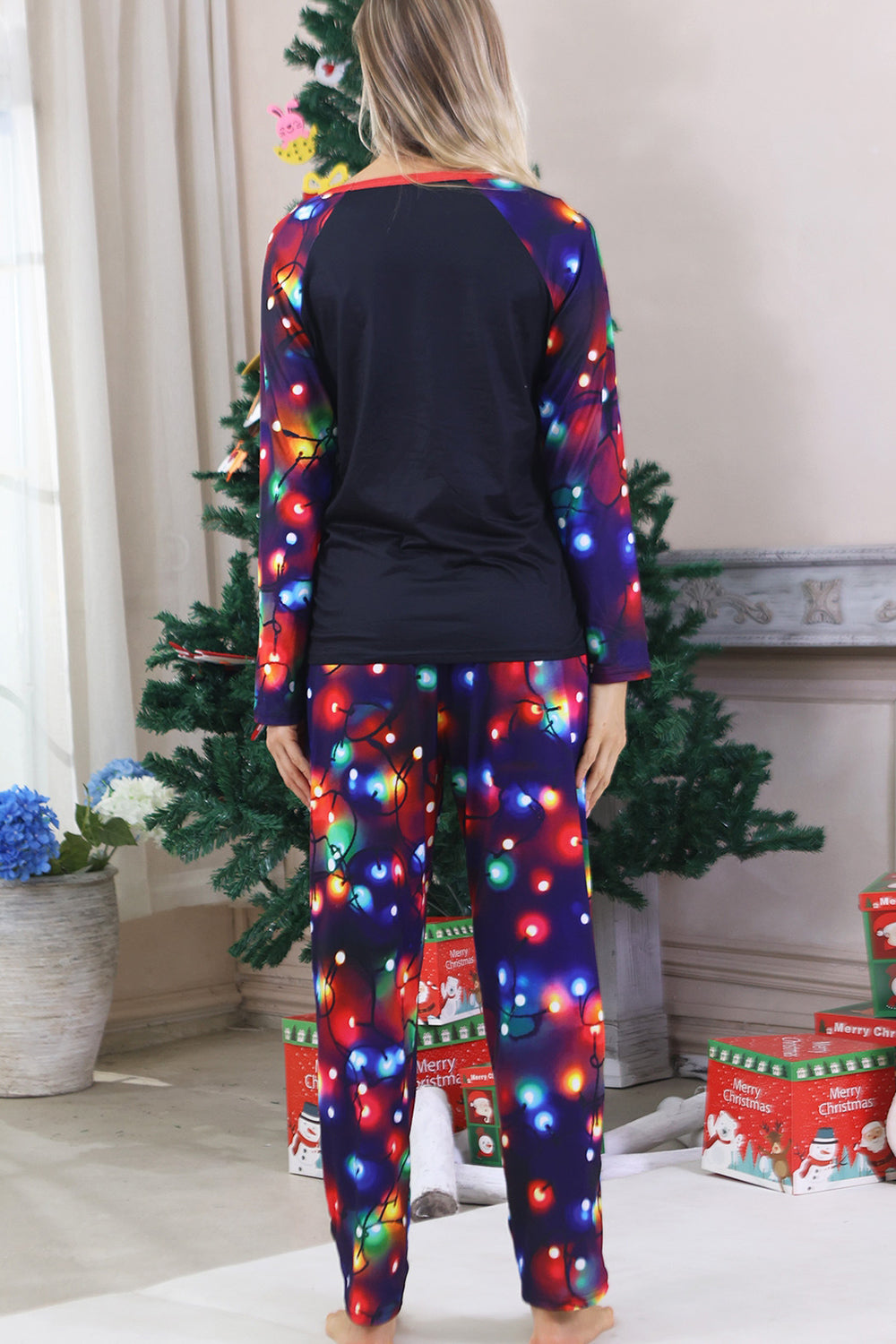 Navy Lights Tree Print Family Matching Christmas Pajamas Sets