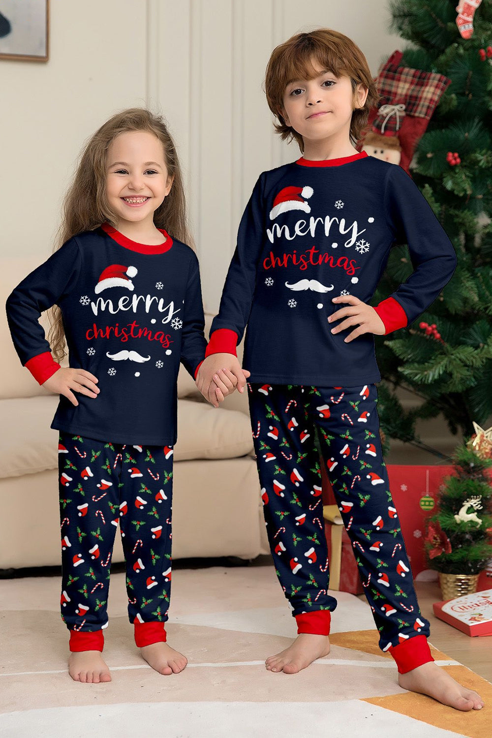 Navy Merry Christmas Print Family Matching Pajamas Set