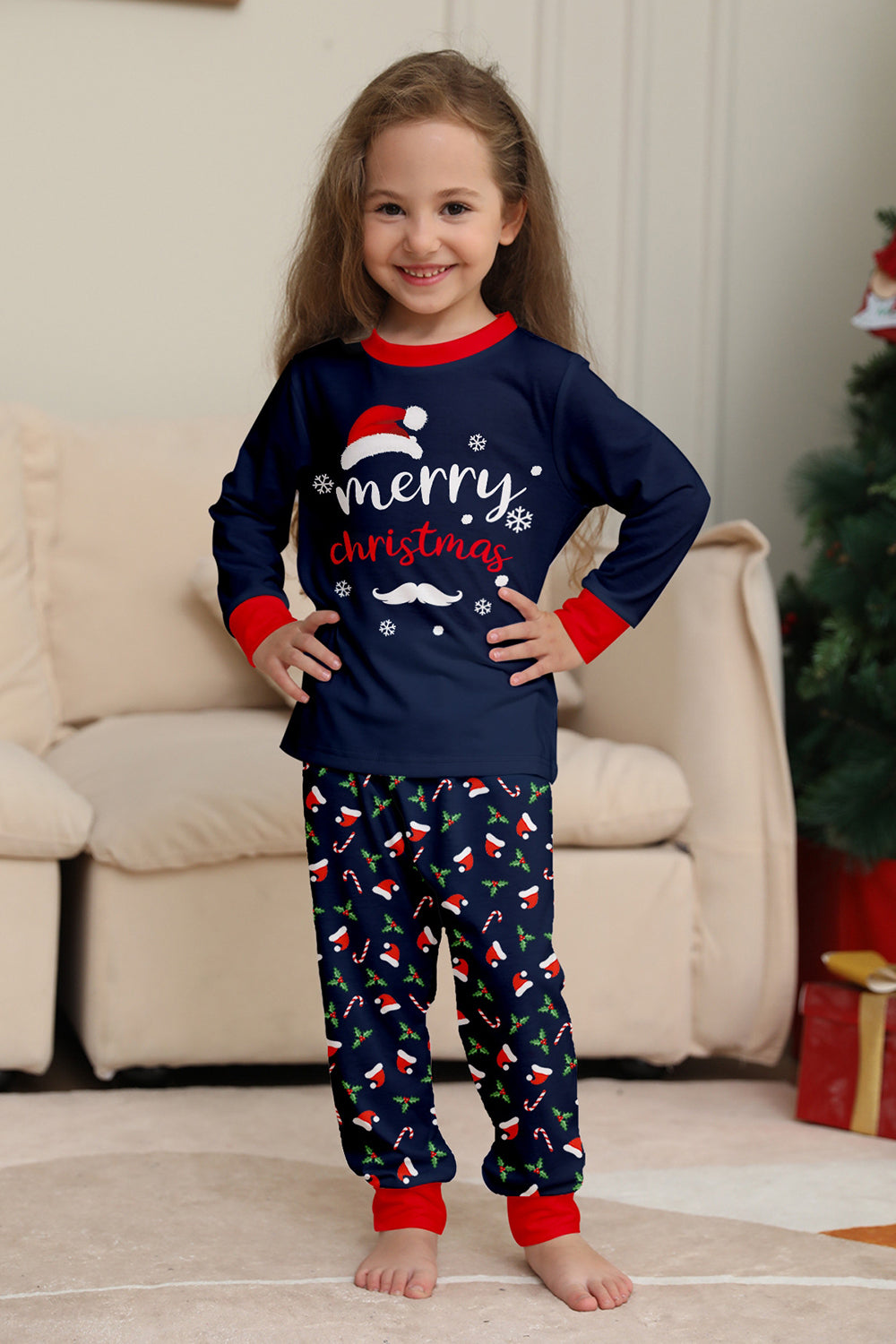 Navy Merry Christmas Print Family Matching Pajamas Set