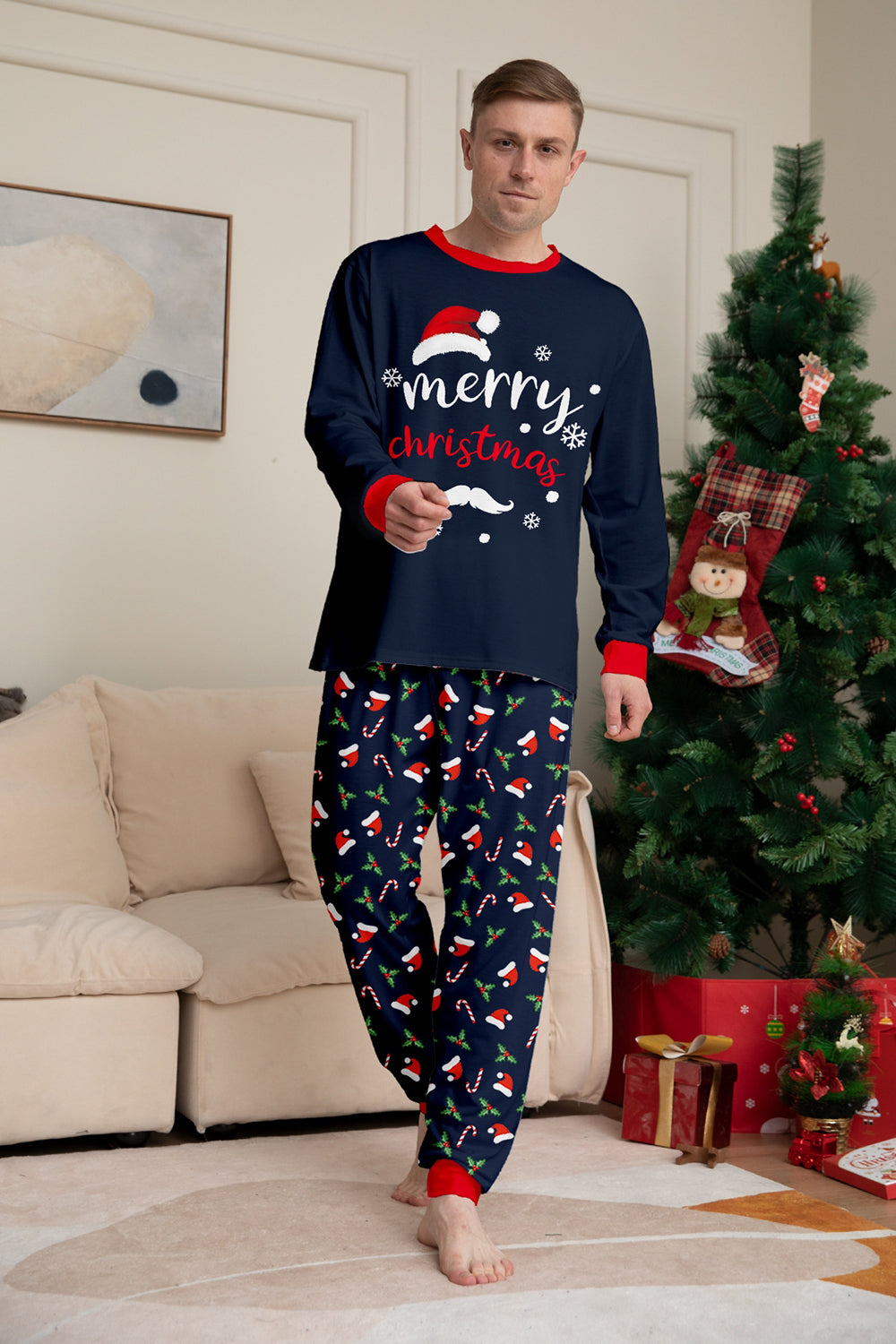 Navy Merry Christmas Print Family Matching Pajamas Set
