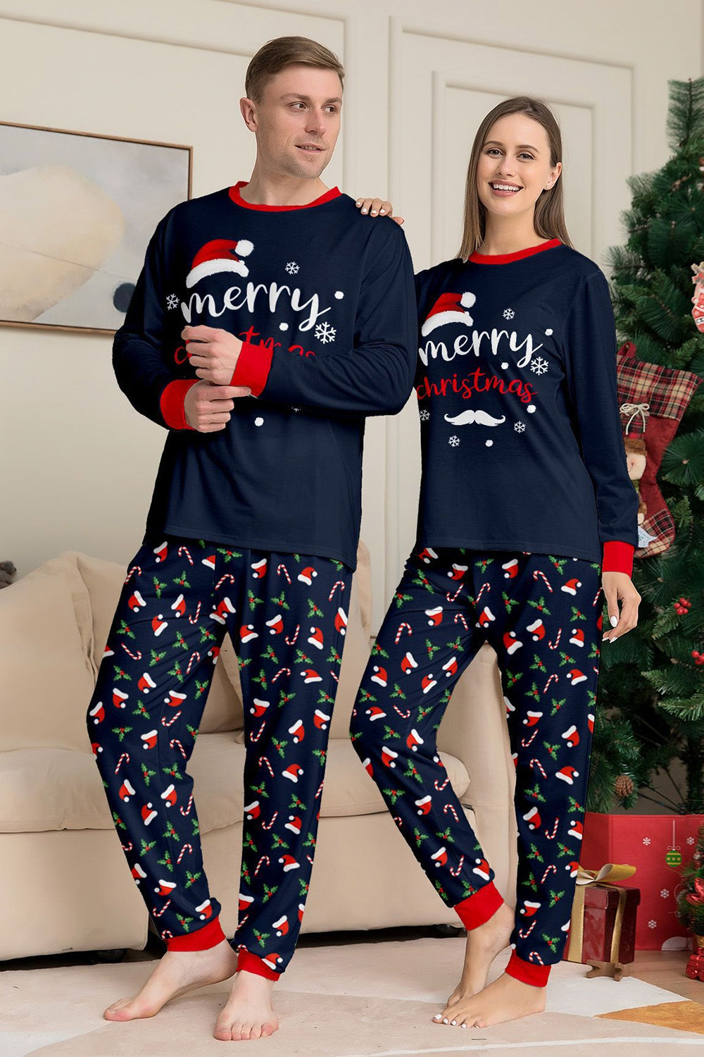 Navy Merry Christmas Print Family Matching Pajamas Set