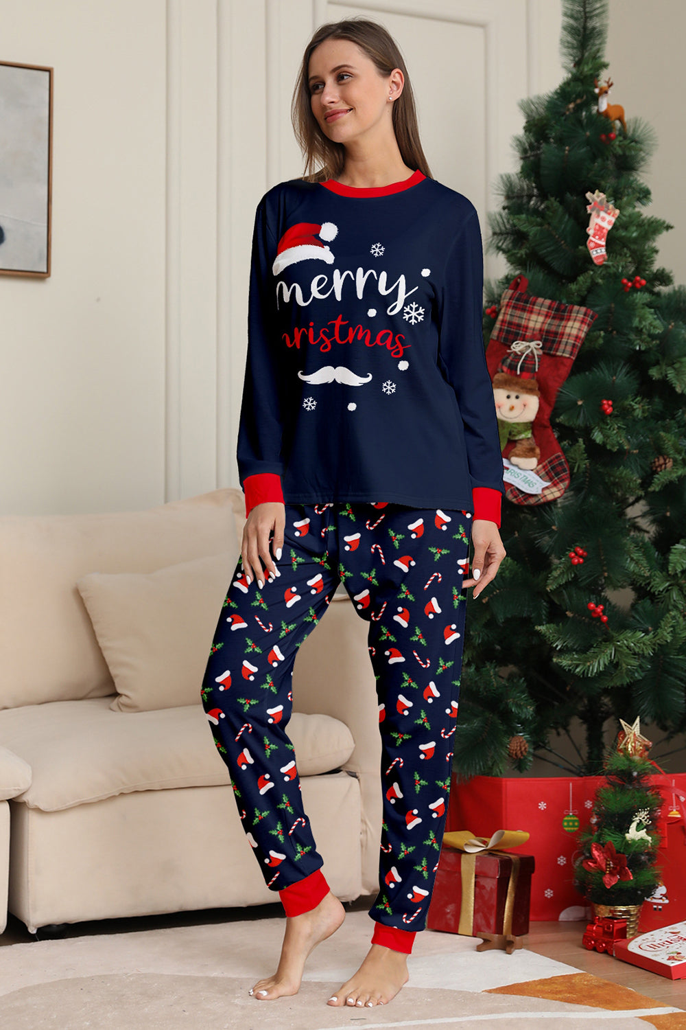 Navy Merry Christmas Print Family Matching Pajamas Set