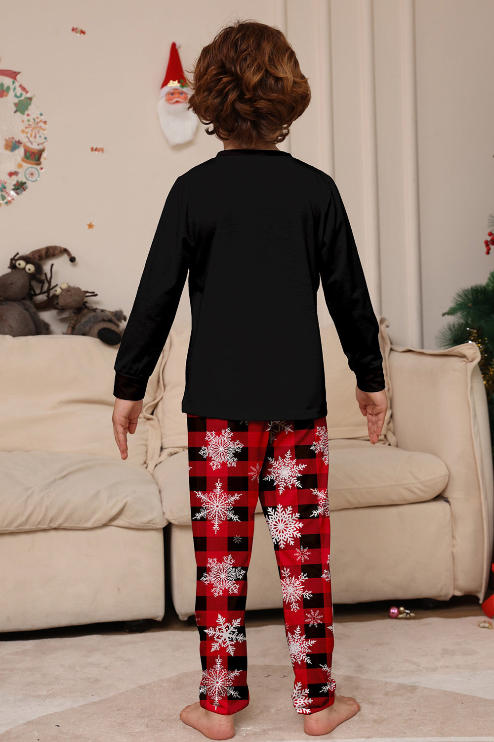 Black Red Reindeer Snowflake Print Christmas Family Matching Pajamas Set