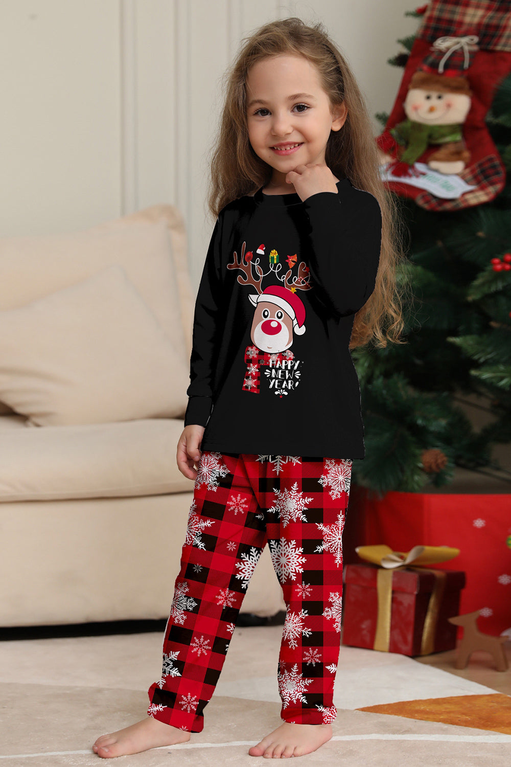 Black Red Reindeer Snowflake Print Christmas Family Matching Pajamas Set