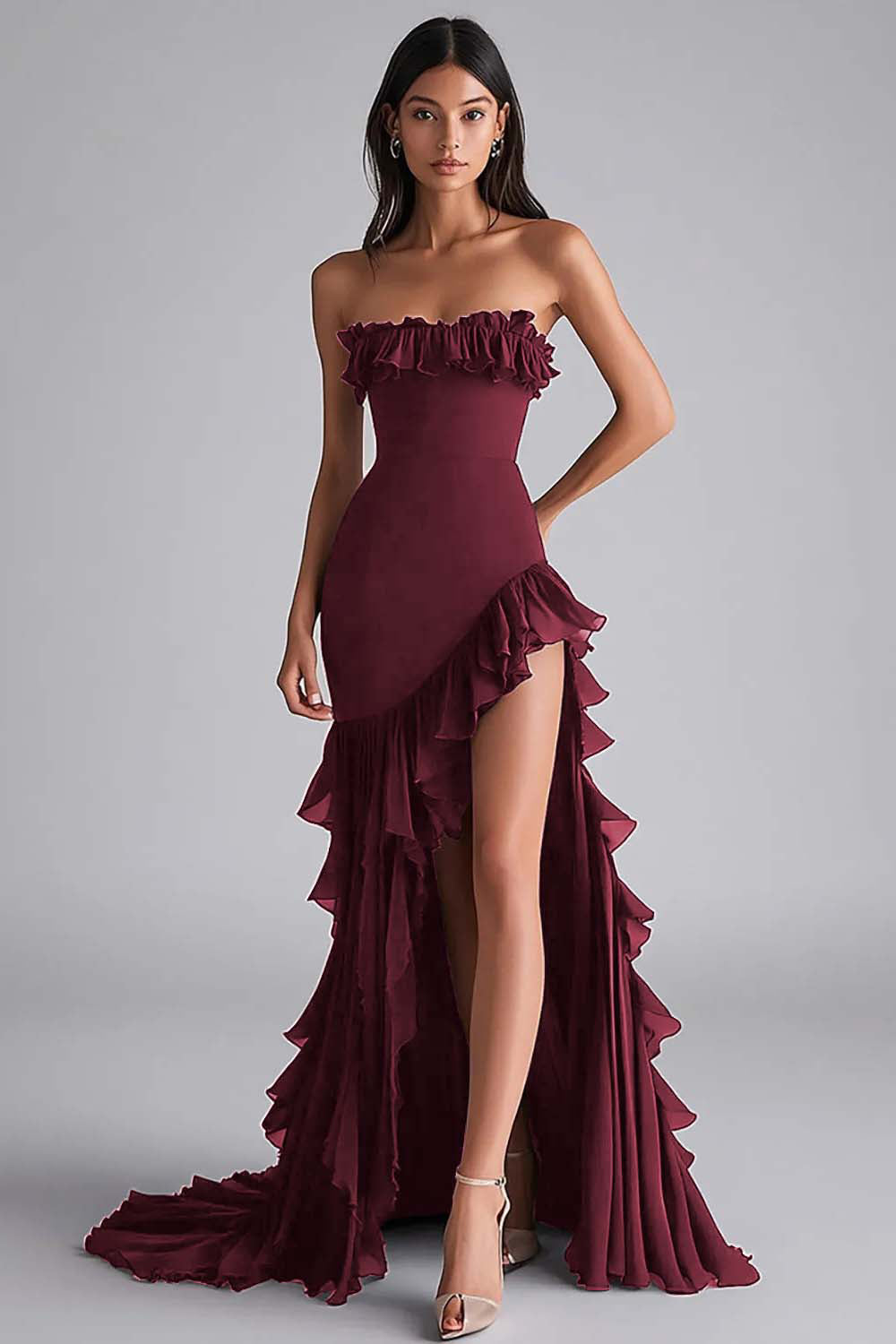 Black Mermaid Strapless Ruffled Formal Dress With Slit