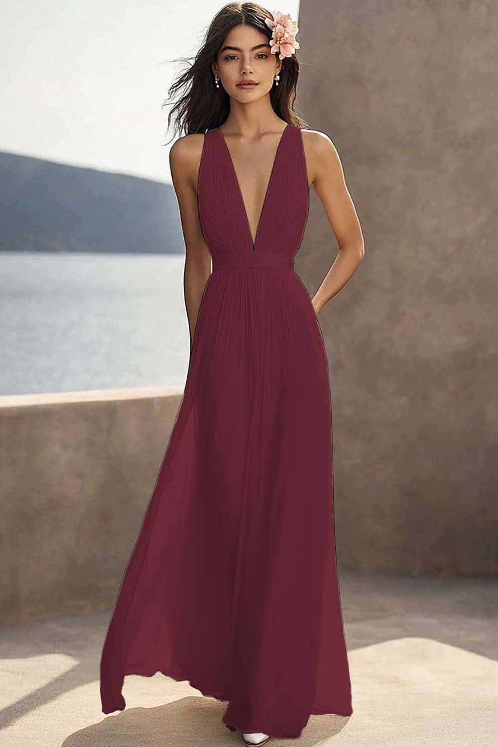 Ivory Ruched Chiffon Deep V-Neck Maxi Beach Engagement Dress