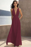 Ivory Ruched Chiffon Deep V-Neck Maxi Beach Engagement Dress