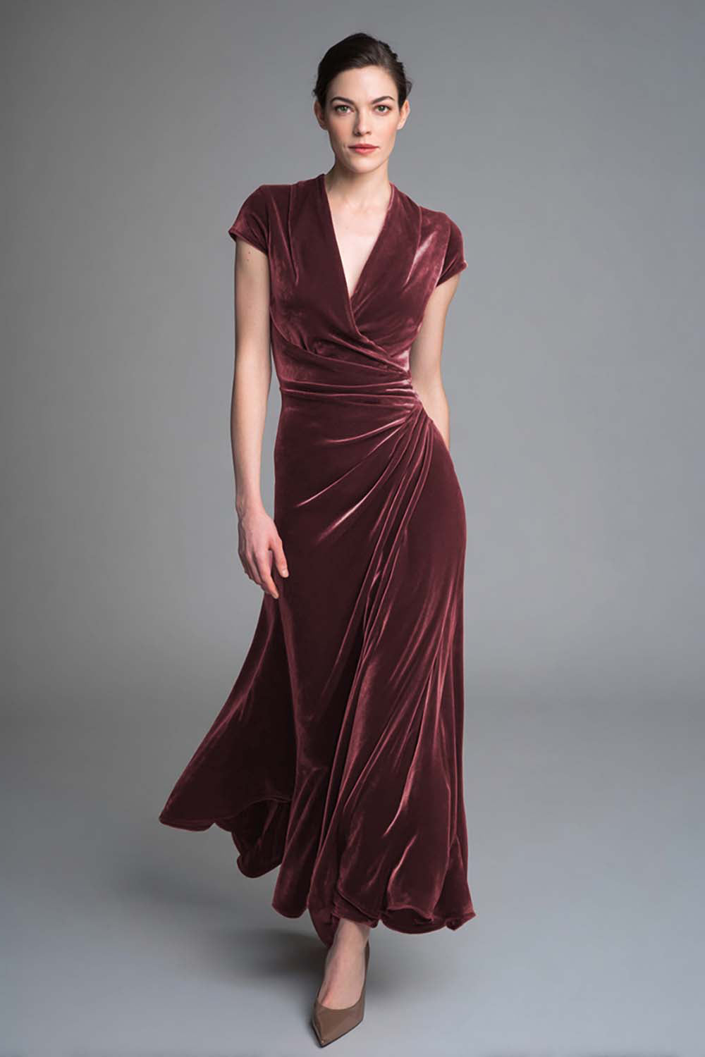 Velvet Caramel Ruched V Neck Long Holiday Party Dress