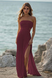 Strapless White A Line Pleated Beach Dress with Slit