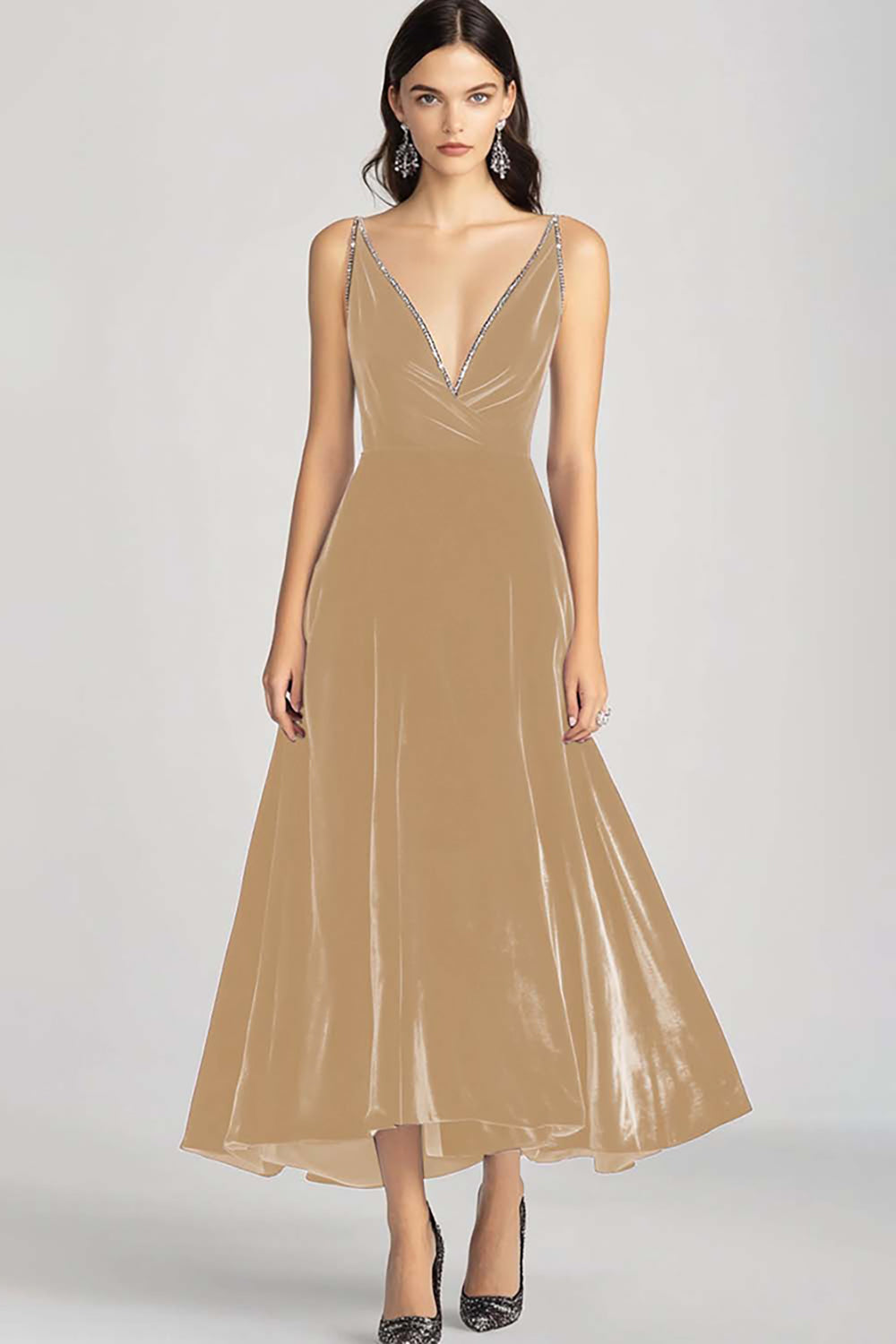 Burgundy Spaghetti Straps V Neck Velvet Formal Dress