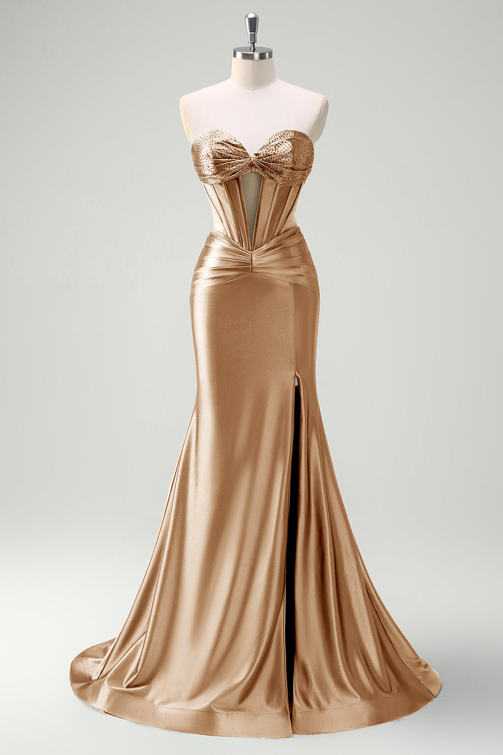Sparkly Sage Mermaid Strapless Beaded Corset Ruched Satin Prom Dress with Slit