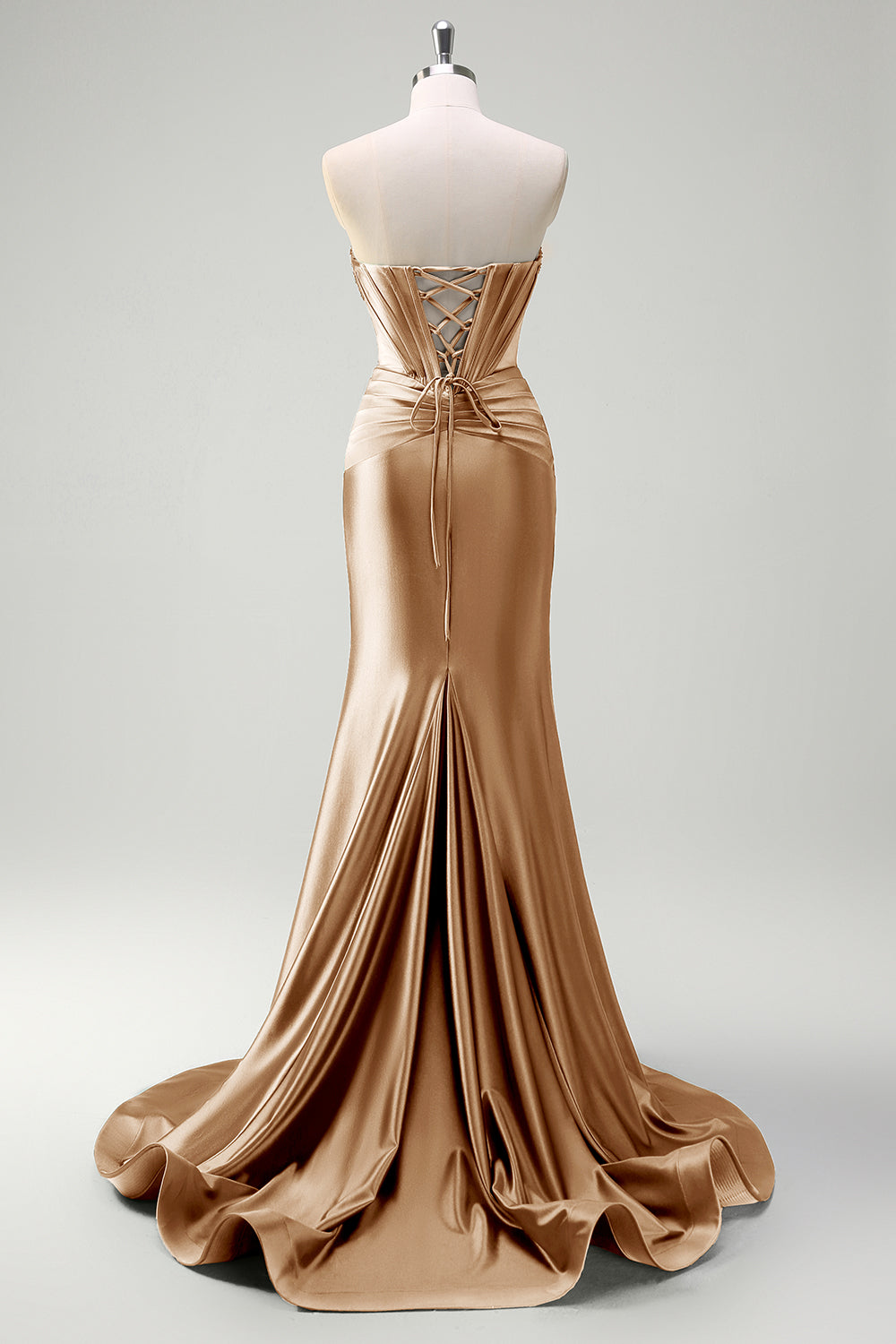 Sparkly Sage Mermaid Strapless Beaded Corset Ruched Satin Prom Dress with Slit