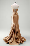 Sparkly Sage Mermaid Strapless Beaded Corset Ruched Satin Prom Dress with Slit