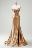 Sparkly Sage Mermaid Strapless Beaded Corset Ruched Satin Prom Dress with Slit