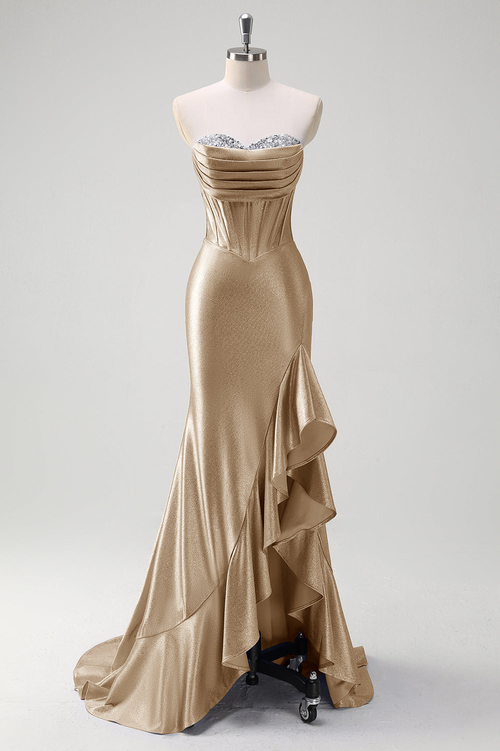 ZAPAKA Women Sparkly Champagne Mermaid Long Prom Dress Strapless Sequined Corset Ruffle Satin Evening Dress with Slit
