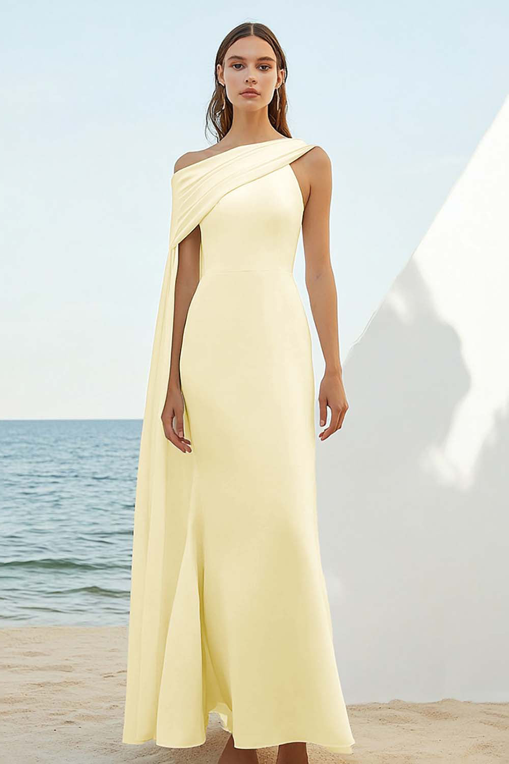 White Sheath One Shoulder Cape Long Graduation Dress