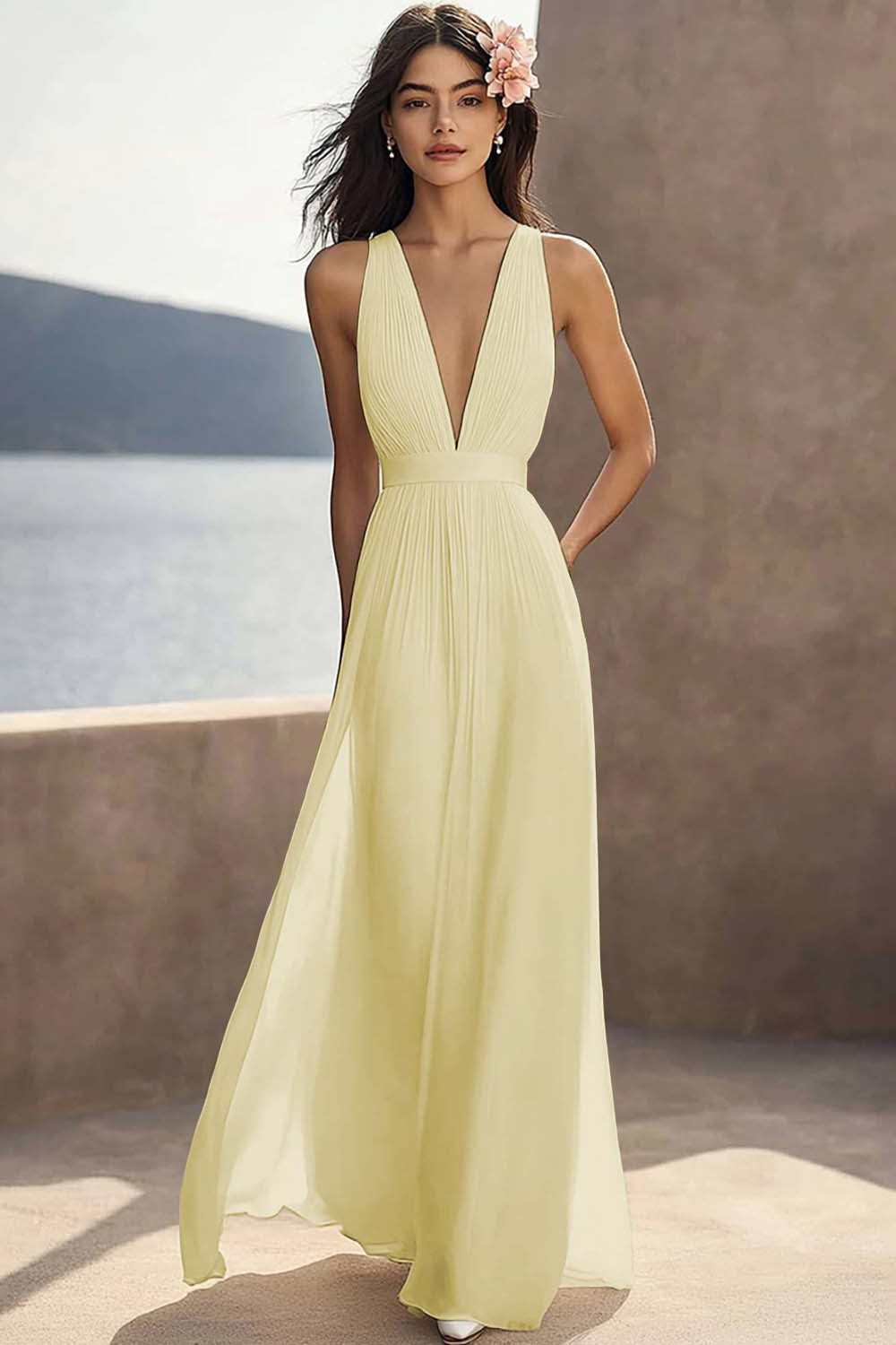Ivory Ruched Chiffon Deep V-Neck Maxi Beach Engagement Dress