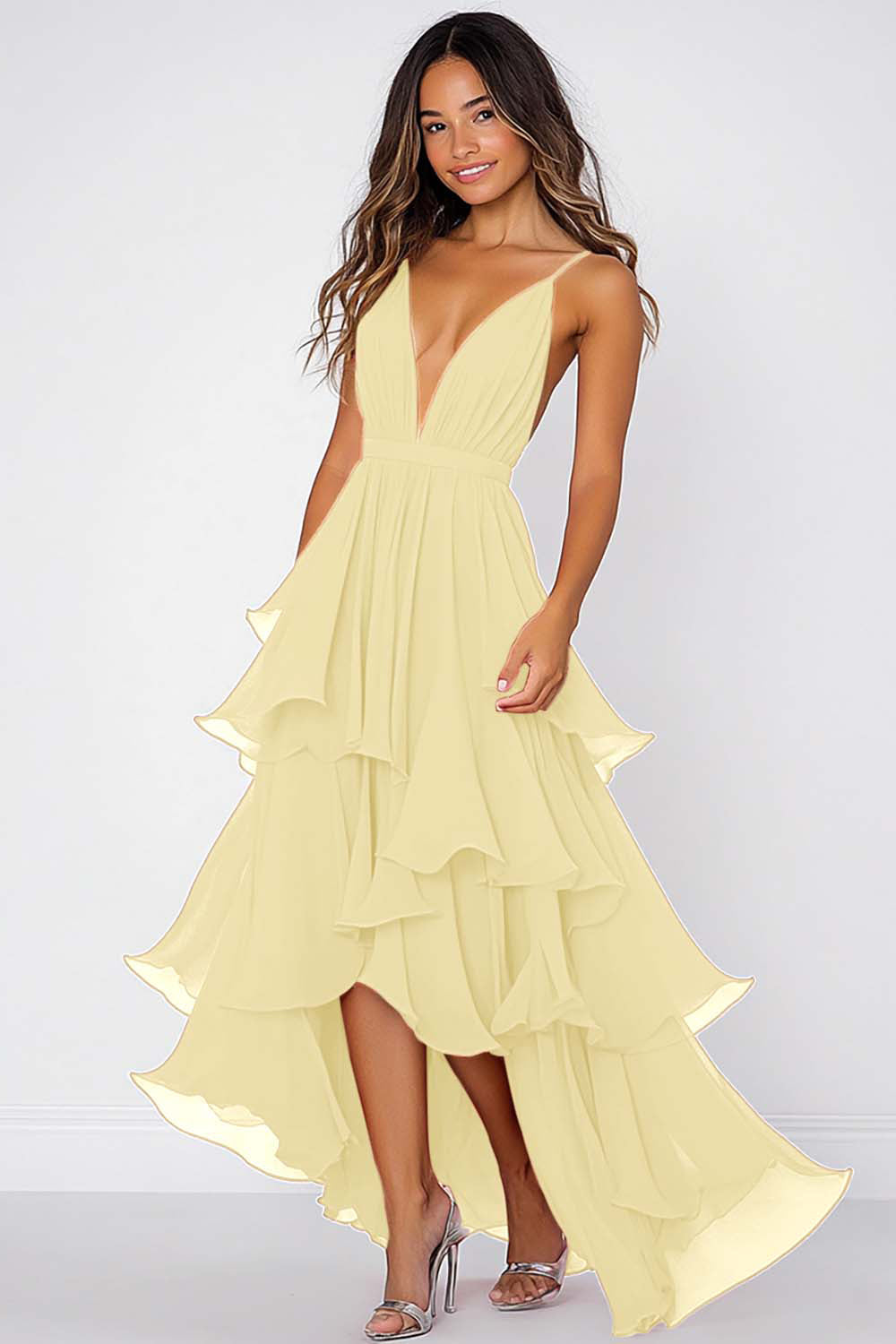 Ruffled Tiered Red Chiffon Spaghetti Straps Formal Dress