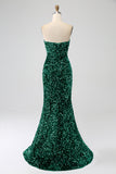 Red Strapless Sequins Long Mermaid Prom Dress With Slit
