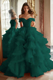 Black Princess Off The Shoulder Tiered Ruffled Long Prom Dress