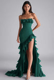 Black Mermaid Strapless Ruffled Formal Dress With Slit