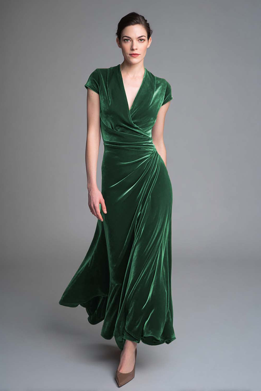 Velvet Caramel Ruched V Neck Long Holiday Party Dress
