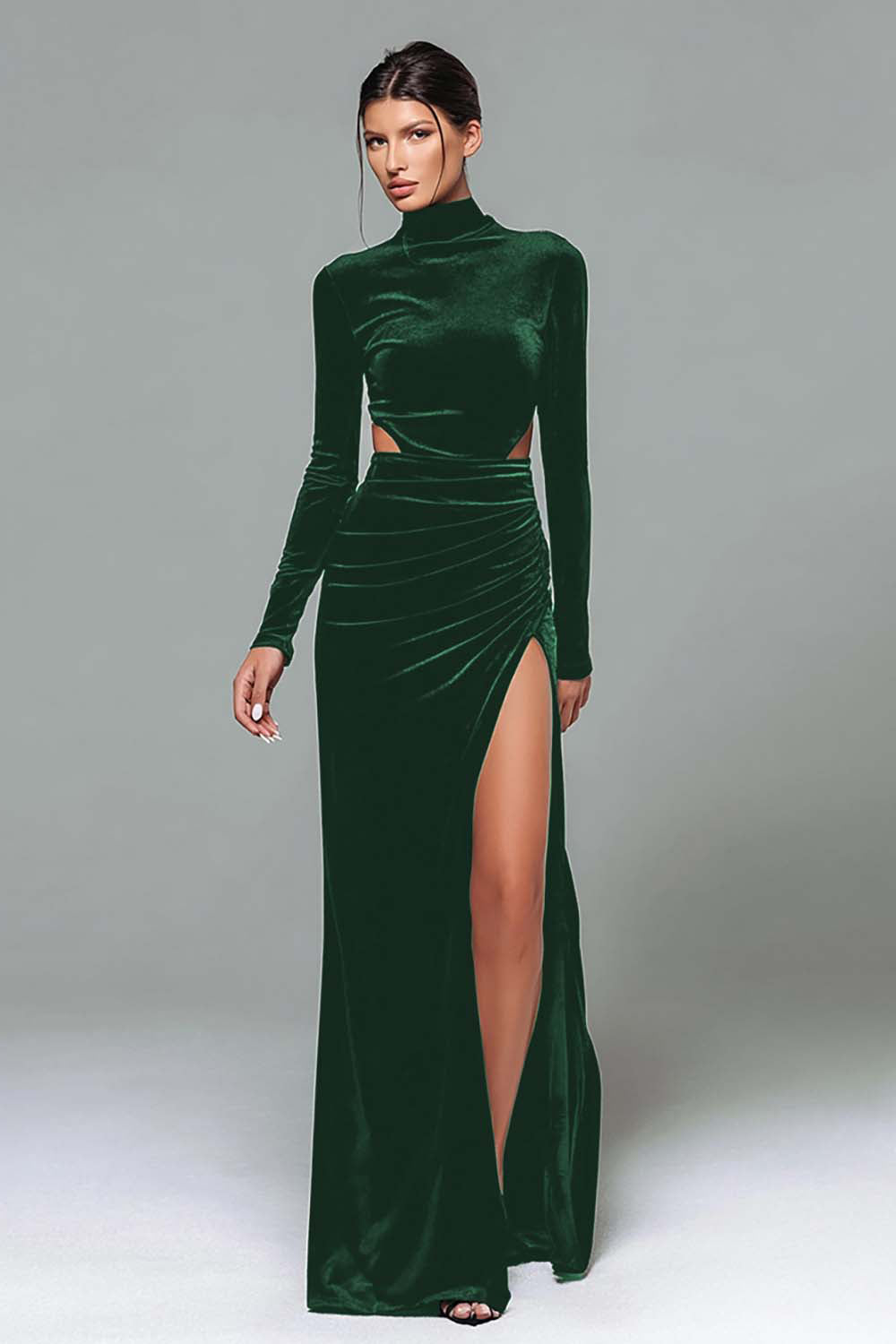 Black Velvet High Neck Long Sleeves Holiday Party Dress with Slit