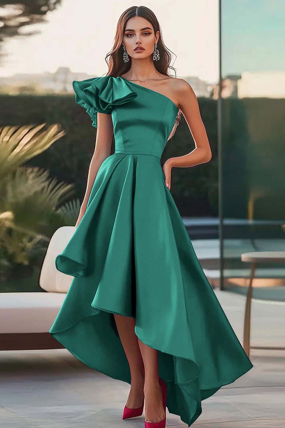 Fuchsia One Shoulder High-Low Satin A Line Formal Dress