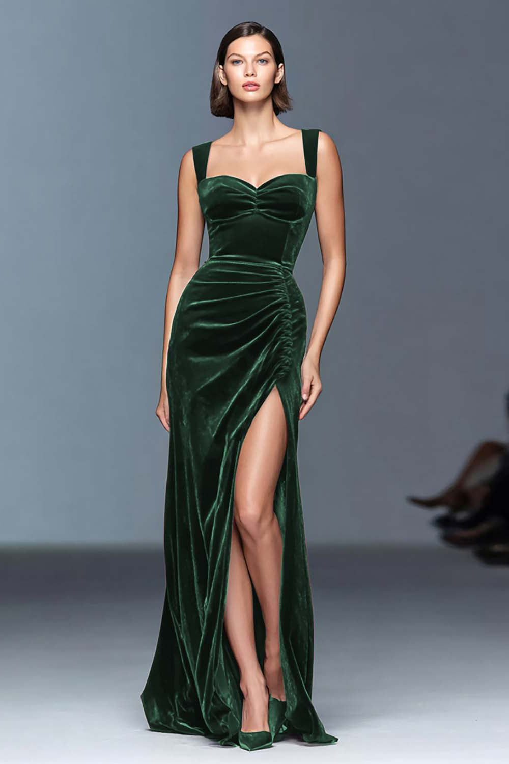 Burgundy A-Line Velvet Ruched Long Formal Dress