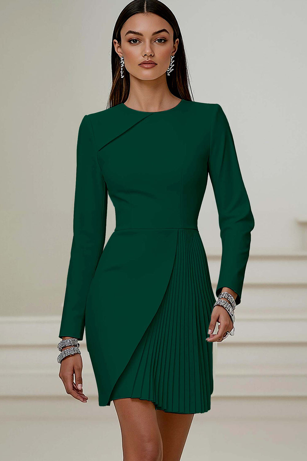 Ivory Asymmetrical Pleated Work Dress with Long Sleeves