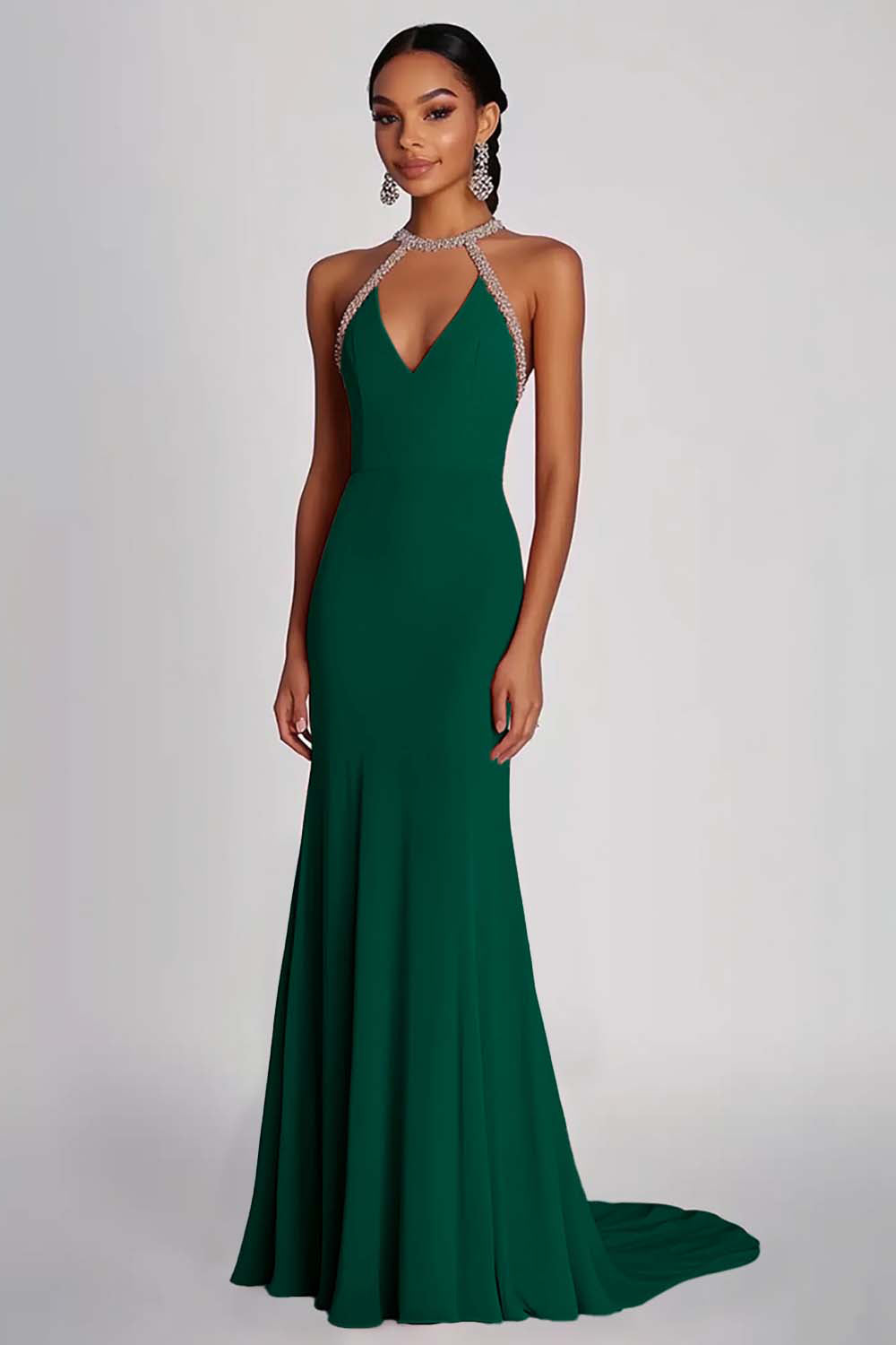 Sheath Pink Beaded Halter Long Chiffon Formal Dress