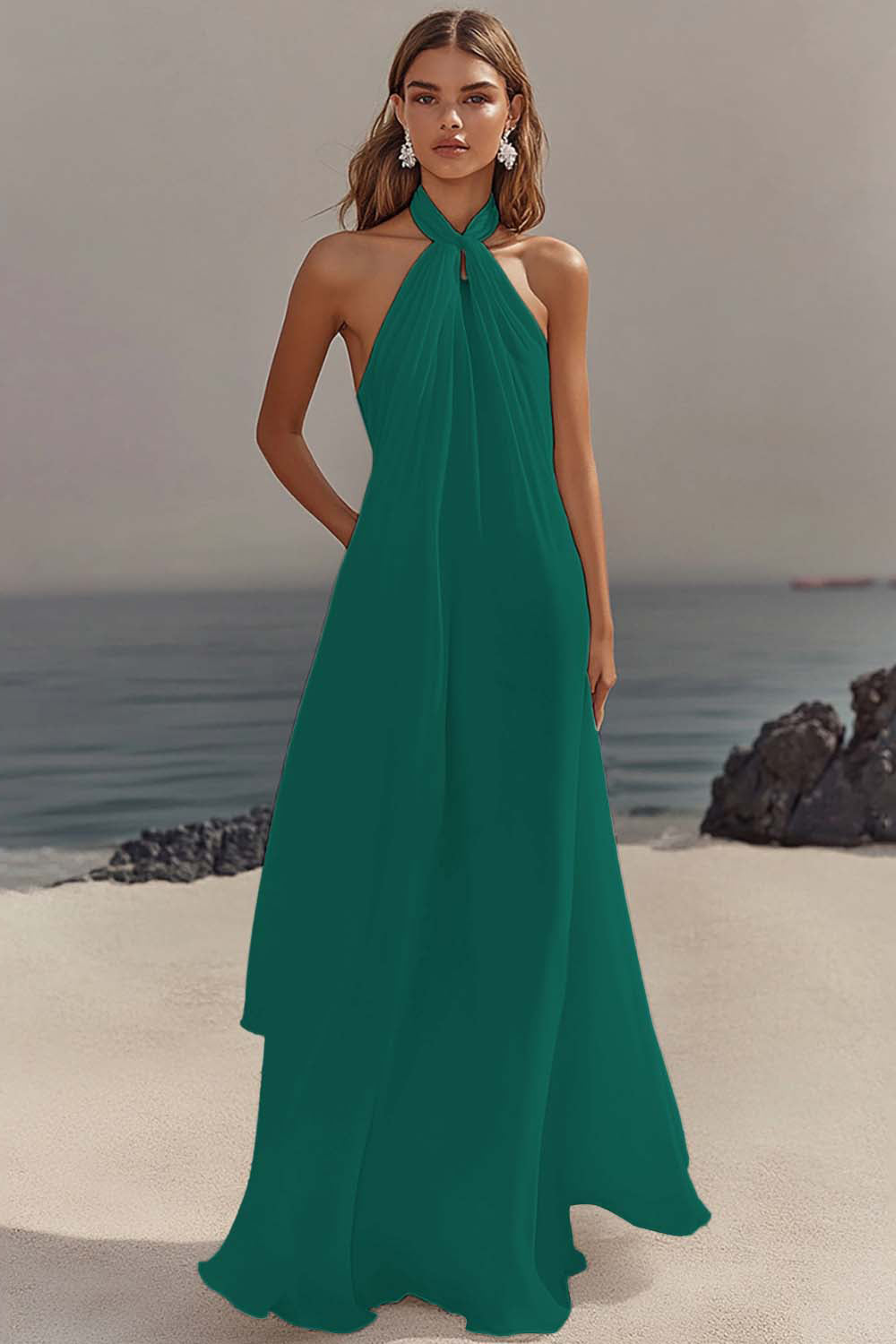 White Sheath Halter Chiffon Long Graduation Dress