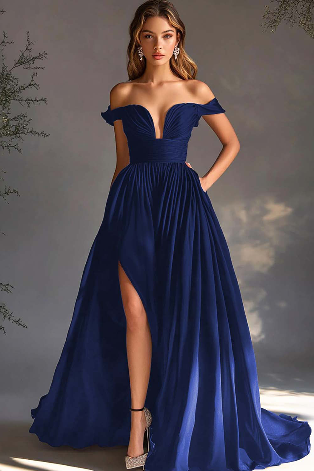Black Off The Shoulder A Line Chiffon Prom Dress