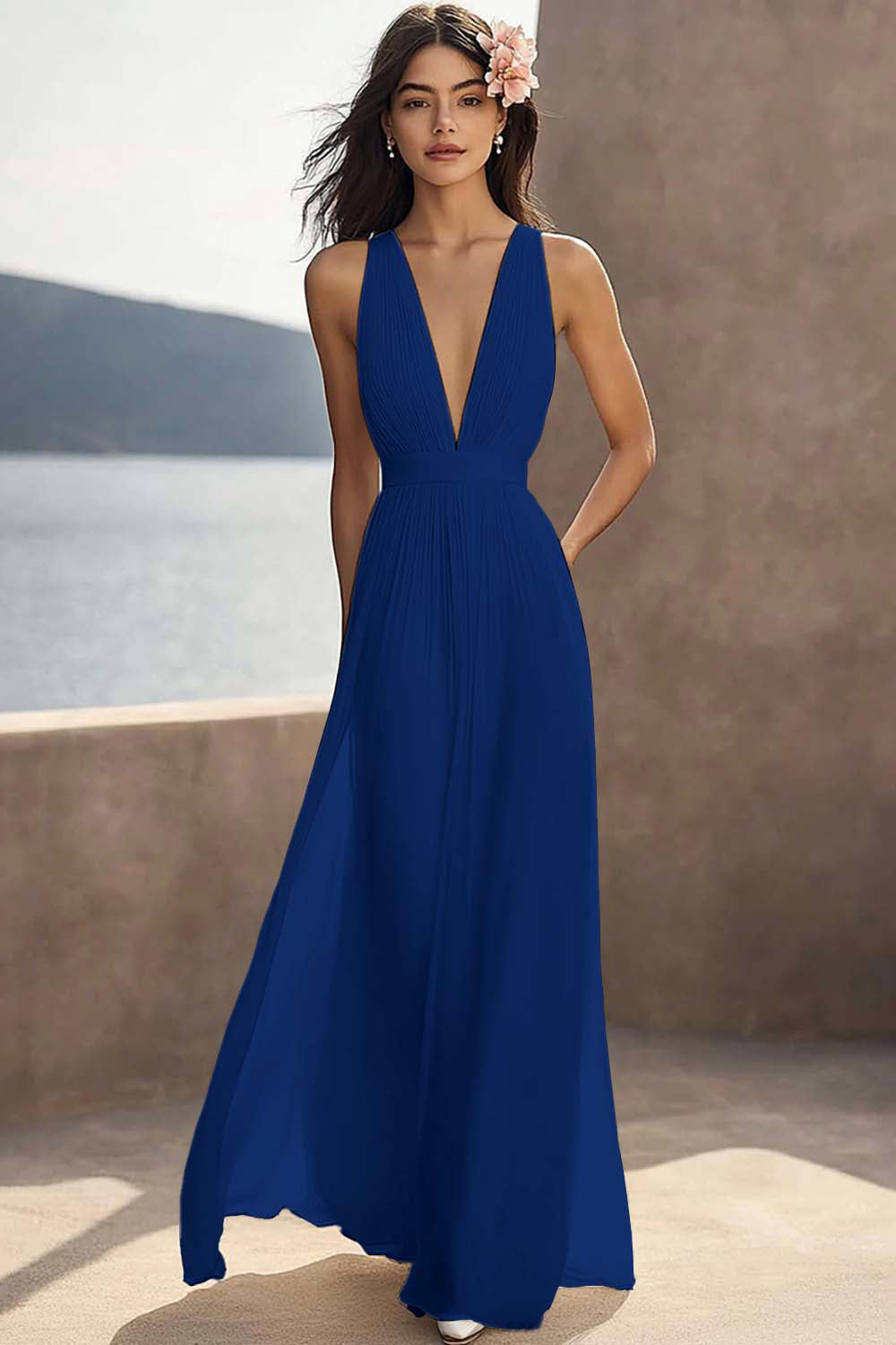 Ivory Ruched Chiffon Deep V-Neck Maxi Beach Engagement Dress