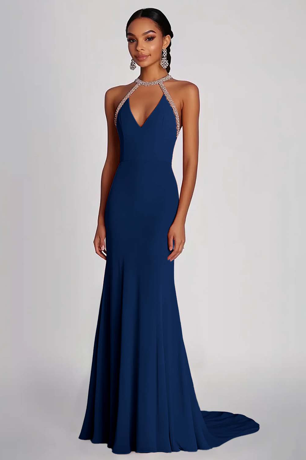 Sheath Pink Beaded Halter Long Chiffon Formal Dress