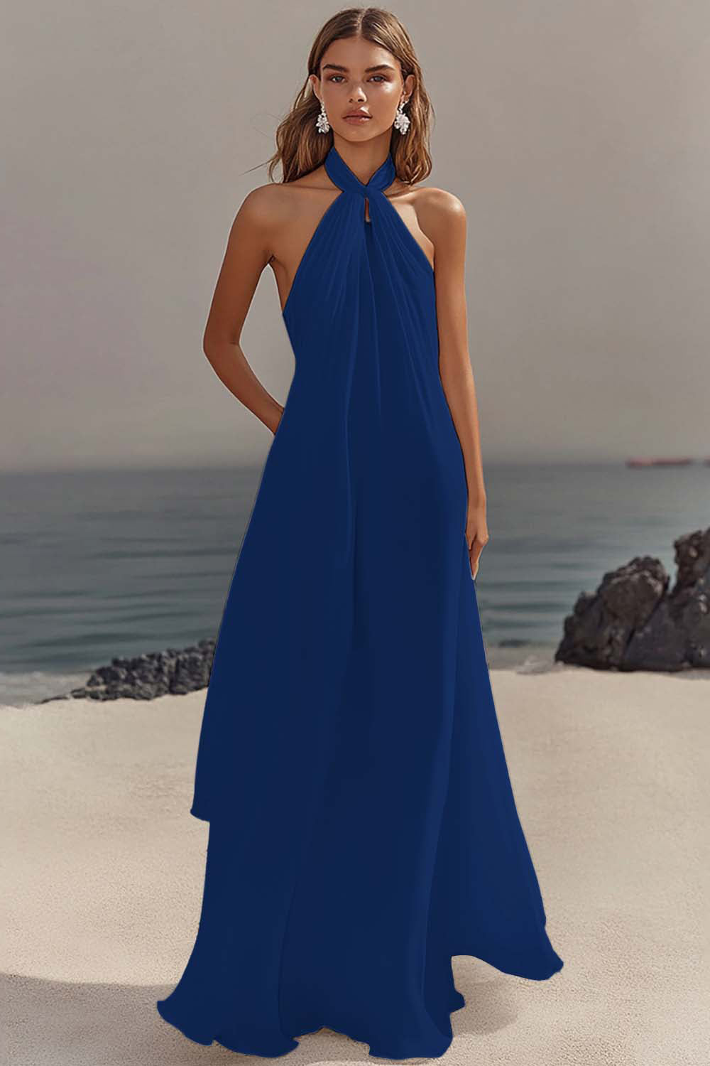 White Sheath Halter Chiffon Long Graduation Dress