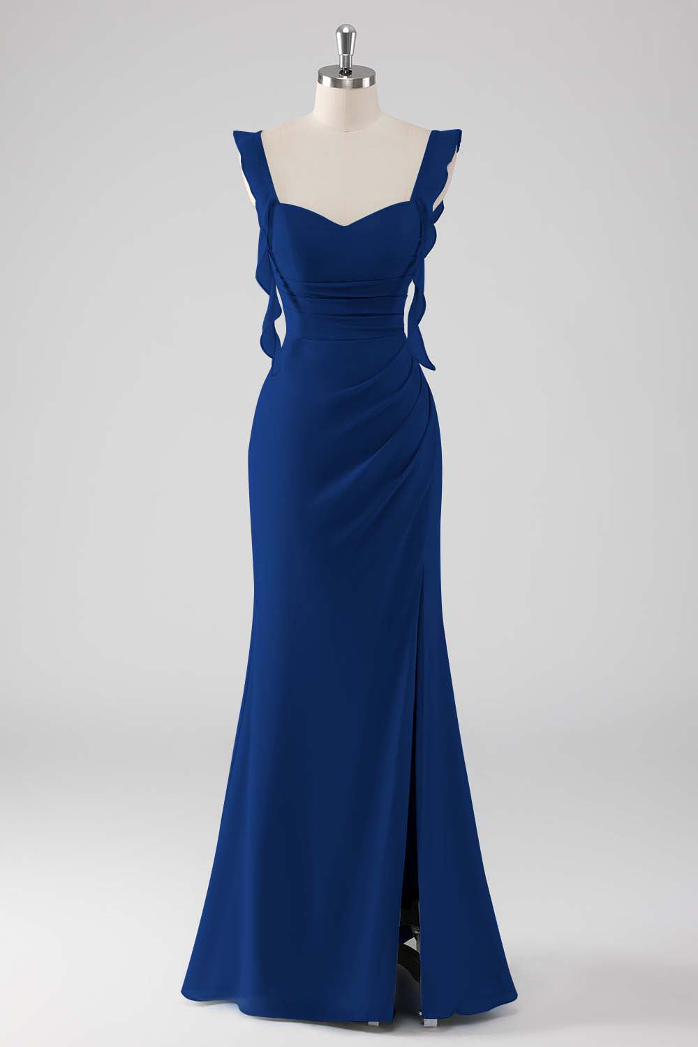 Dusty Blue Ruffled Sheath Lace-Up Back Long Bridesmaid Dress with Slit