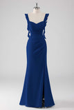 Dusty Blue Ruffled Sheath Lace-Up Back Long Bridesmaid Dress with Slit