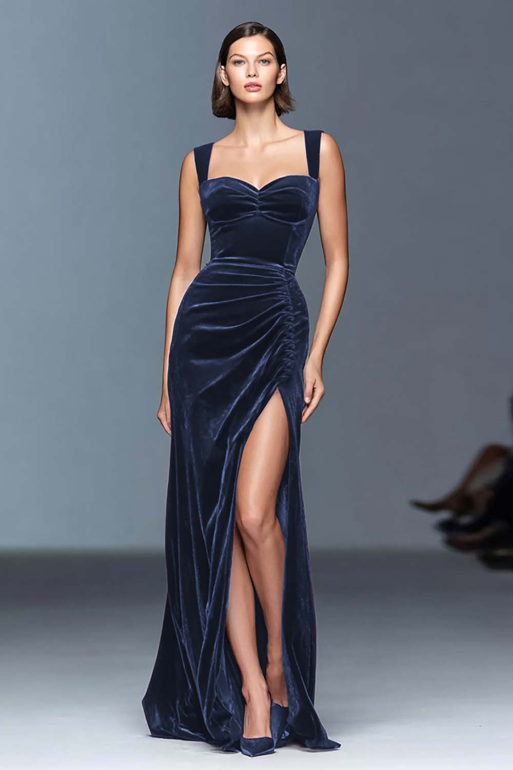 Burgundy A-Line Velvet Ruched Long Formal Dress