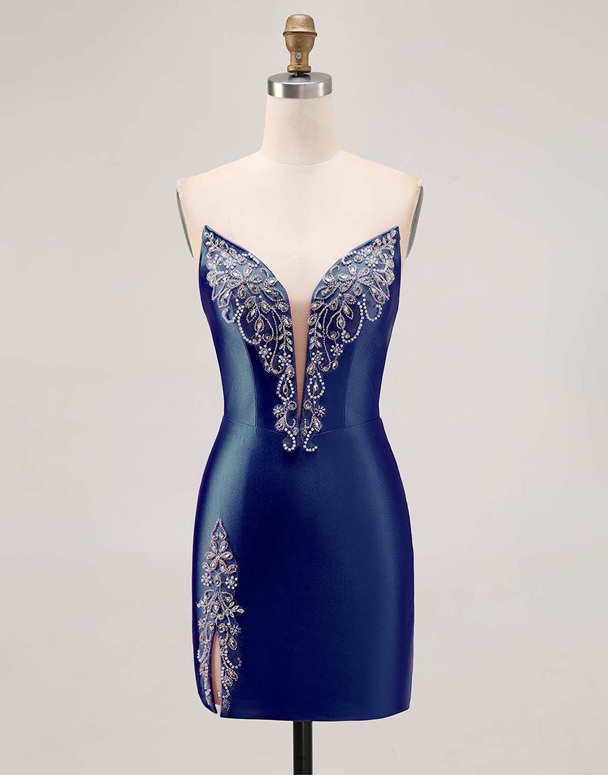Fuchsia Strapless Beaded Bodycon Short Prom Dress with Slit